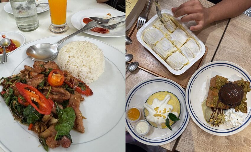 (Left) A plate of Phat kaphrao (holy basil stir-fry), a classic Bangkok meal; (Right) An overhead shot of various shared Thai desserts and modern takes on traditional sweets.