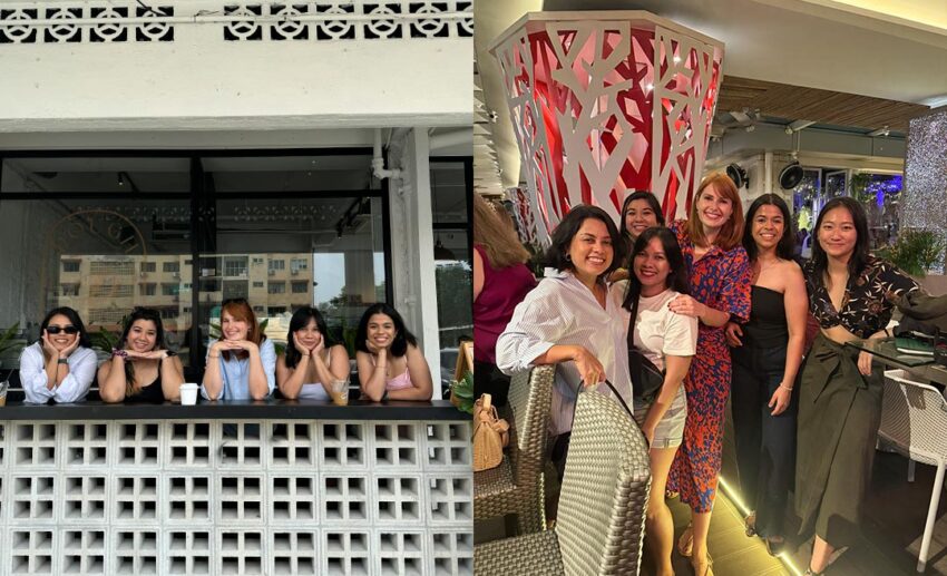 Friends in Bangkok: (Left) A group of women seated at a high table outside a cafe; (Right) The same group of friends dressed up for dinner at a restaurant.