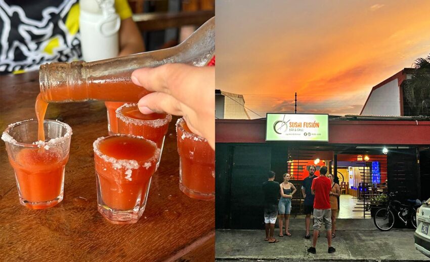Farewell celebrations: spicy Chiliguaro shots being poured into small glasses at Bar El Barquito (left) and a group of friends standing outside the Sushi Fusión restaurant (right).