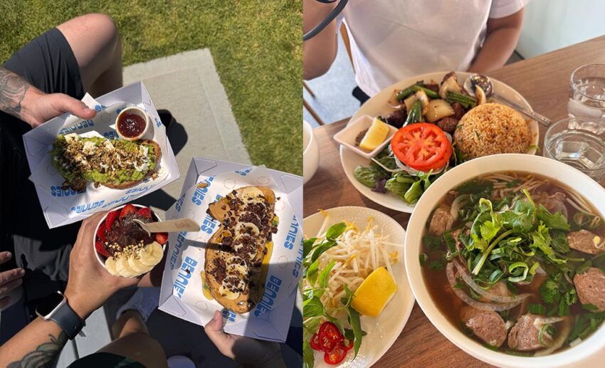 A two-image collage featuring close-up shots of local Vietnamese food and shared cafe plates enjoyed during a weekend trip.