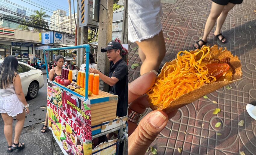 Bangkok street food: (Left) Women standing around a fresh fruit juice stall; (Right) A close-up of a local Thai street snack.