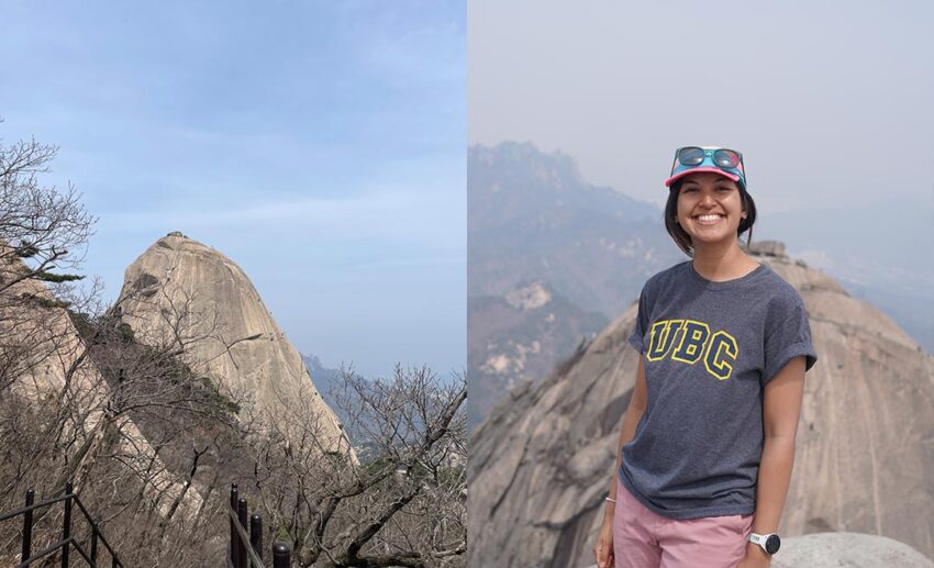 A rocky mountain peak at Bukhansan National Park and a photo of the writer standing at the summit.