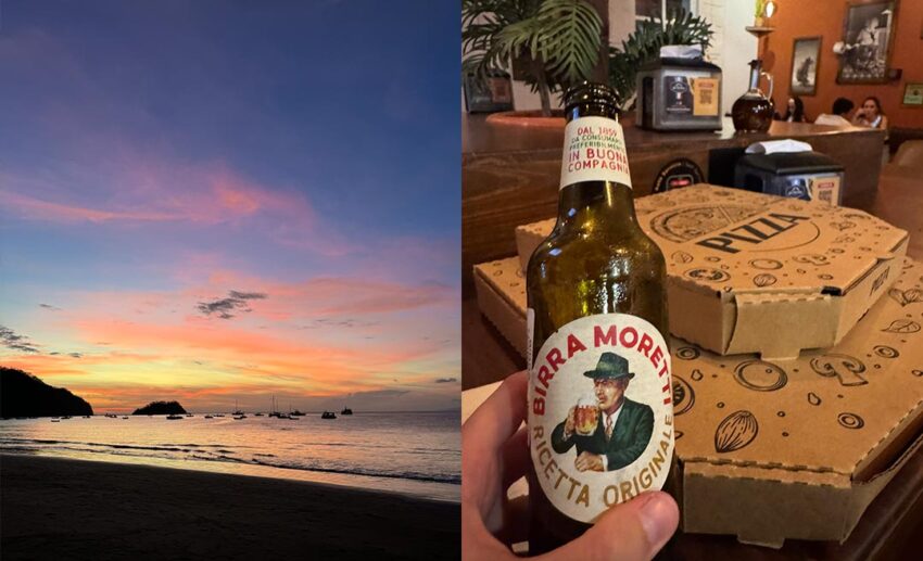Simple weekend escapes: a dramatic sunset sky over the coast at Playas del Coco (left) and a casual evening with takeaway pizza boxes and a bottle of Birra Moretti (right).