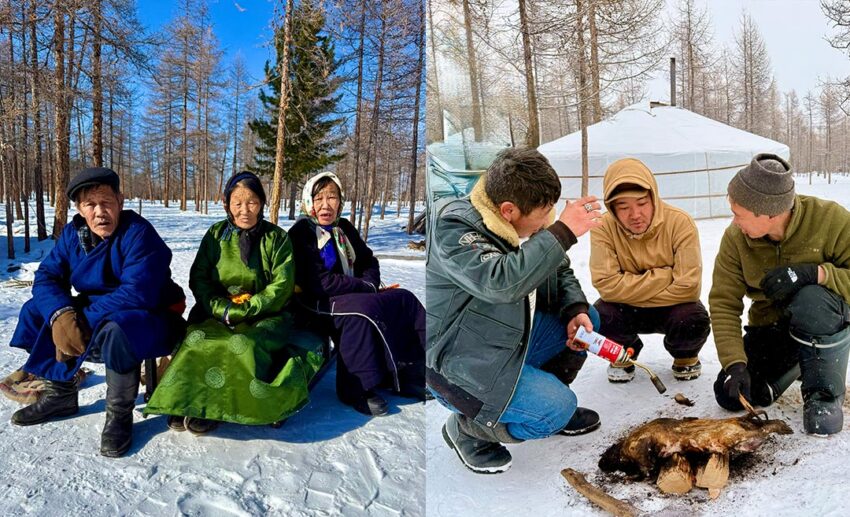 Tsaatan (Dukha) life: (Left) Three elderly Tsaatan herders sitting together; (Right) A freshly caught marmot being scorched on an open woodfire in the snow.