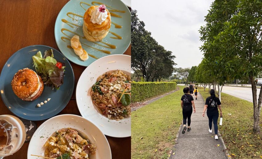 A collage showing an overhead shot of a Malaysian noodle dish (left) and the writer’s family walking through a Petaling Jaya neighbourhood in Selangor (right).