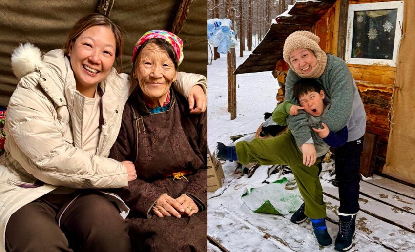 A two-image collage of the writer, Lynette Yee, with Tsaatan (Dukha) people: (Left) Posing with an elderly Tsaatan grandmother; (Right) Smiling with Temuulen, a six-year-old herder child.