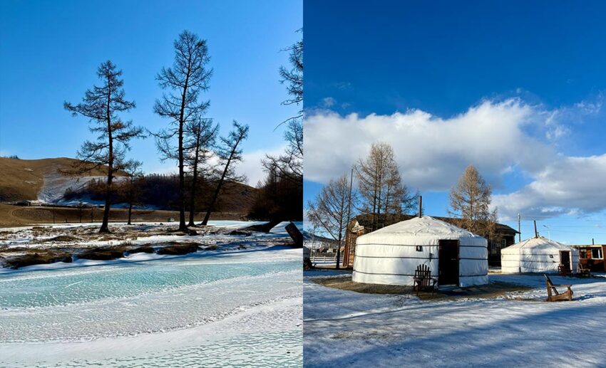 (Left) A landscape view of the Northern Mongolian taiga in winter showing snow, trees, and a blue sky; (Right) The exterior of teepee-style accommodation for travellers.