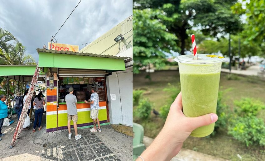 Everyday comforts in Liberia: the storefront of "The Popeye" smoothie shop (left) and the writer holding up a fresh green smoothie, her go-to local order (right).