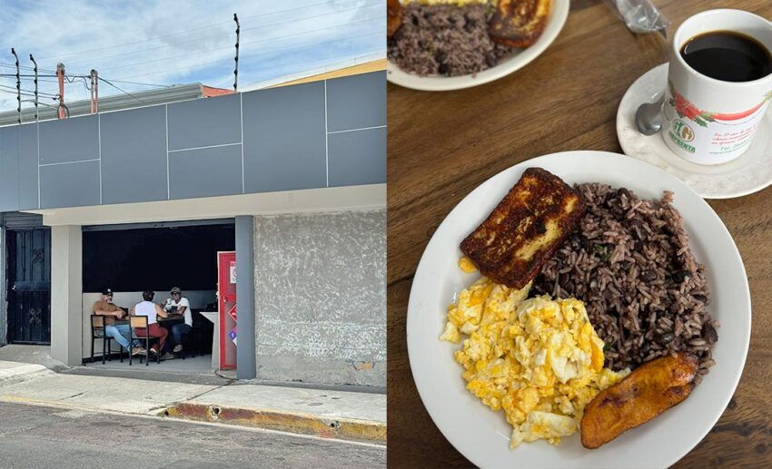 Local life in Liberia, Costa Rica, featuring the modest, unmarked entrance of a neighbourhood soda with patrons seated at a wooden table (left) and a close-up of a traditional gallo pinto breakfast—seasoned rice and beans—served as the writer's daily ritual (right).