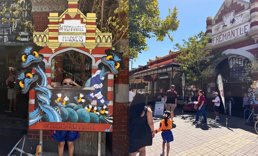 A collage of the historic Fremantle Market entrance (right) and the writer’s daughter posing in a photo cutout board (left).