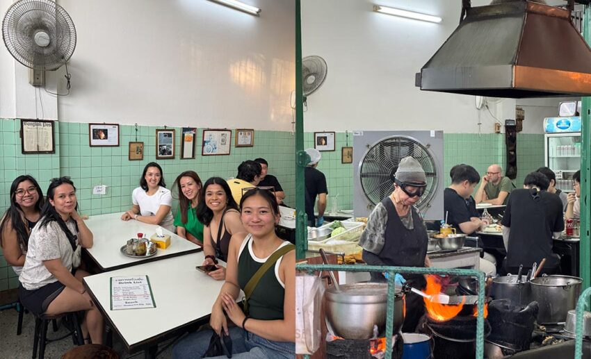 A group of women seated inside Raan Jay Fai restaurant in Bangkok; (Right) A portrait of Michelin-starred street food chef Jai Fai (Supinya Junsuta).