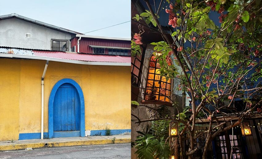 Memories of a traditional Costa Rican home: the vibrant exterior of "The Yellow House" (left) and a courtyard tree at dusk, decorated with glowing lanterns and pink blossoms (right).