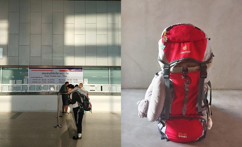 Solo traveller Tirza Kanya with her Deuter backpack at a train station and a close-up of her fully packed travel gear.