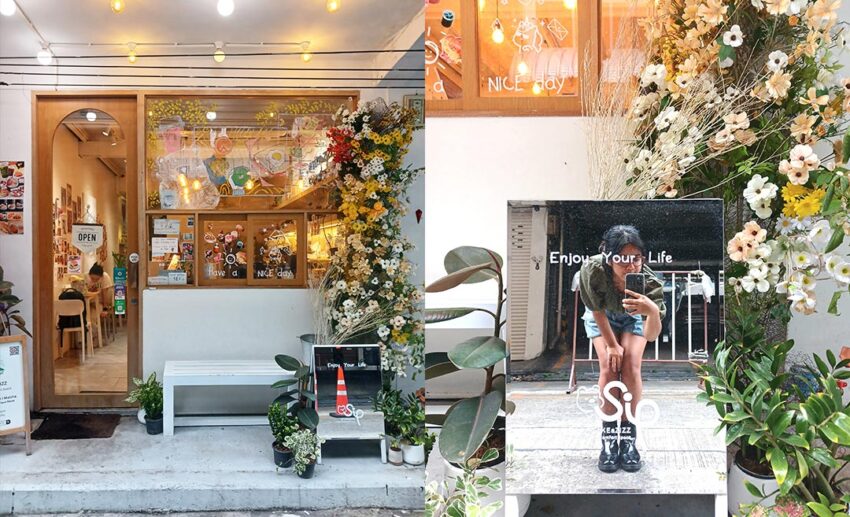 A quirky Bangkok storefront and the writer taking a mirror selfie that says "Enjoy Your Life."