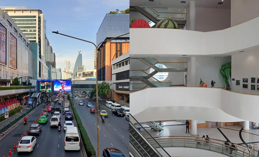 Bangkok's busy daytime traffic and an indoor mall featuring quirky, oversized vegetable and fruit art installations.