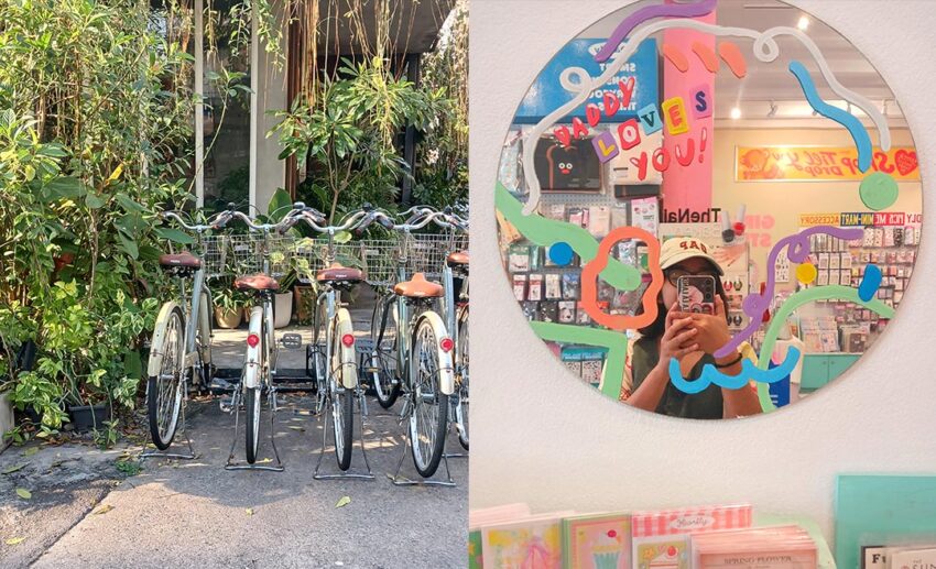 Parked bicycles on a Bangkok street and Tirza Kanya taking a selfie in a stationery store mirror.