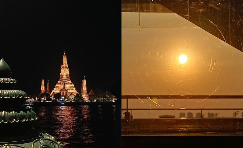 A collage featuring the bright orange sun rising over Bangkok buildings and a night shot of the illuminated Wat Arun temple.