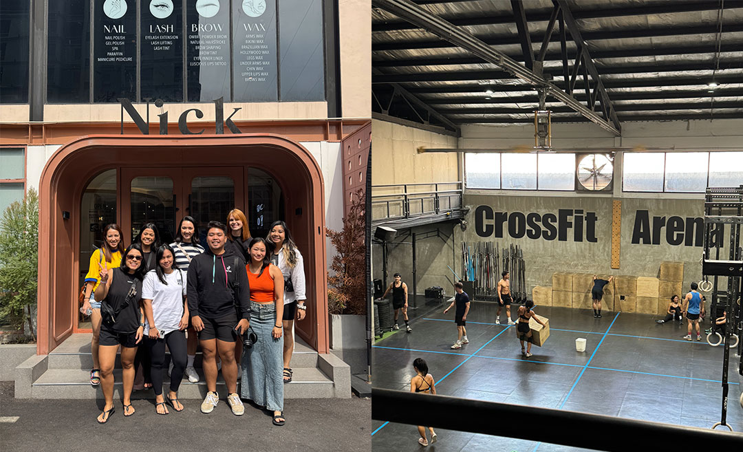 (Left) A group of female friends standing outside Nick café in Phloen Chit, Bangkok; (Right) An interior balcony view of the CrossFit Arena gym floor.