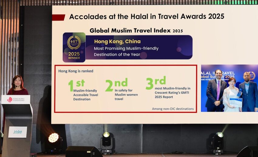 HKTB Regional Director for Southeast Asia, Ms Liew Chian Jia, speaking about Hong Kong’s achievements at the Halal in Travel Awards.