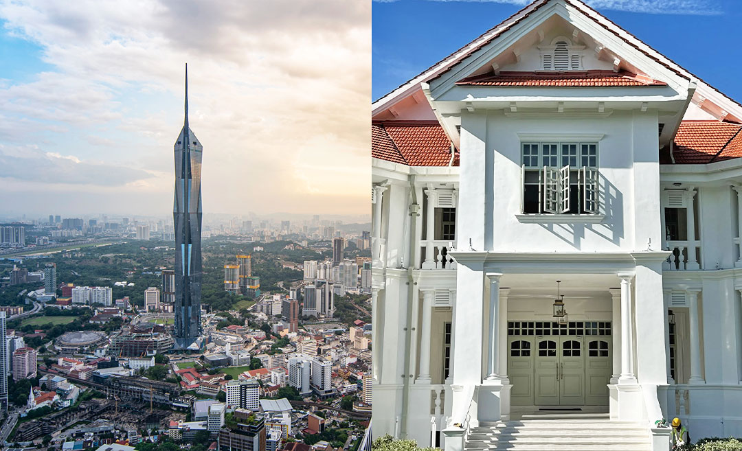Kuala Lumpur's skyline featuring the soaring Merdeka 118 skyscraper (left) and the historic colonial entrance of Seri Negara at Carcosa (right).