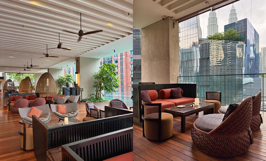 Collage showing outdoor pool seating and rattan pods at SANTAI, paired with quiet, intimate seating areas near the bar.