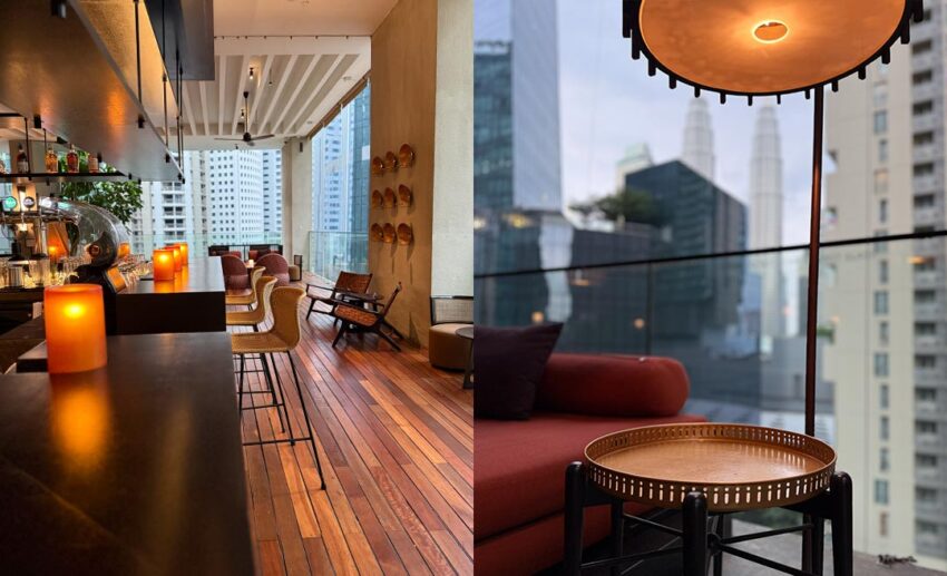 Close-up of amber table lamps on a bar counter at sunset, and a designer standing lamp over a tray side table.