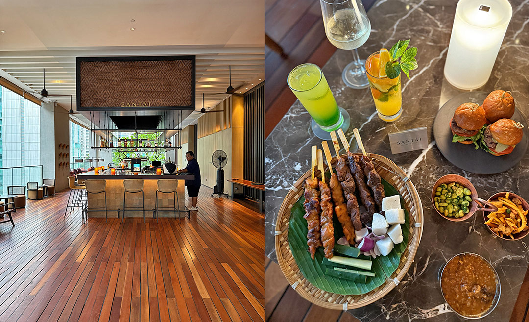 Daytime view of SANTAI Pool Bar & Lounge at The RuMa Hotel Kuala Lumpur alongside an overhead shot of gourmet platters and cocktails.