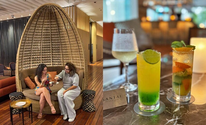 Two women sharing dessert in a rattan pod at SANTAI Pool Bar next to a close-up of vibrant tropical cocktails.