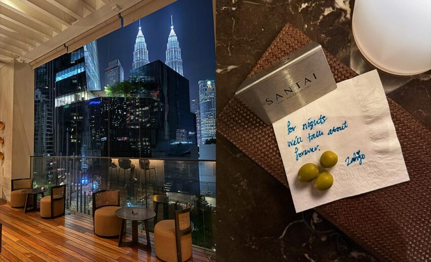 View of the glowing Kuala Lumpur city skyline at night next to a handwritten napkin note that reads "for nights we'll talk about forever. "