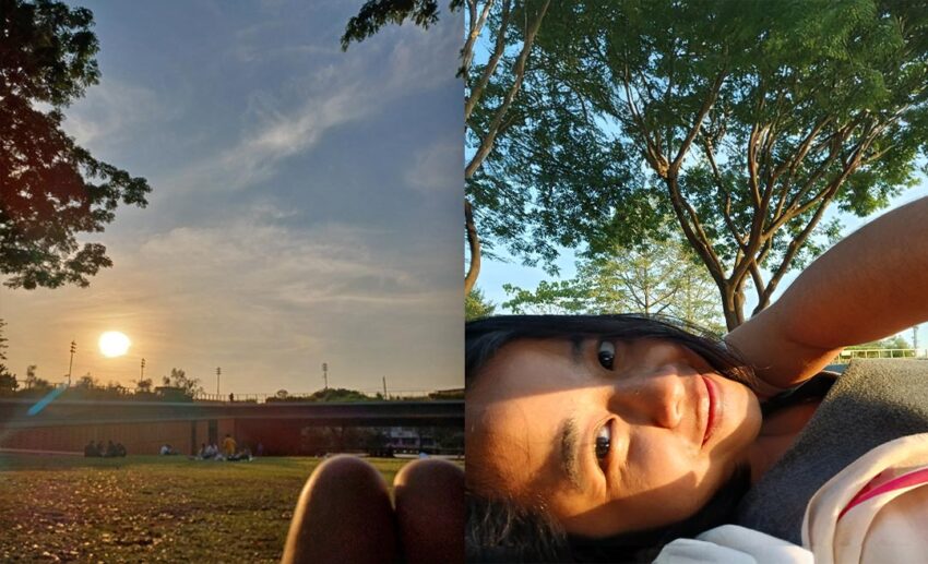 Tirza Kanya watching the sunset in a Bangkok park and a side-profile selfie of her lying on the grass.