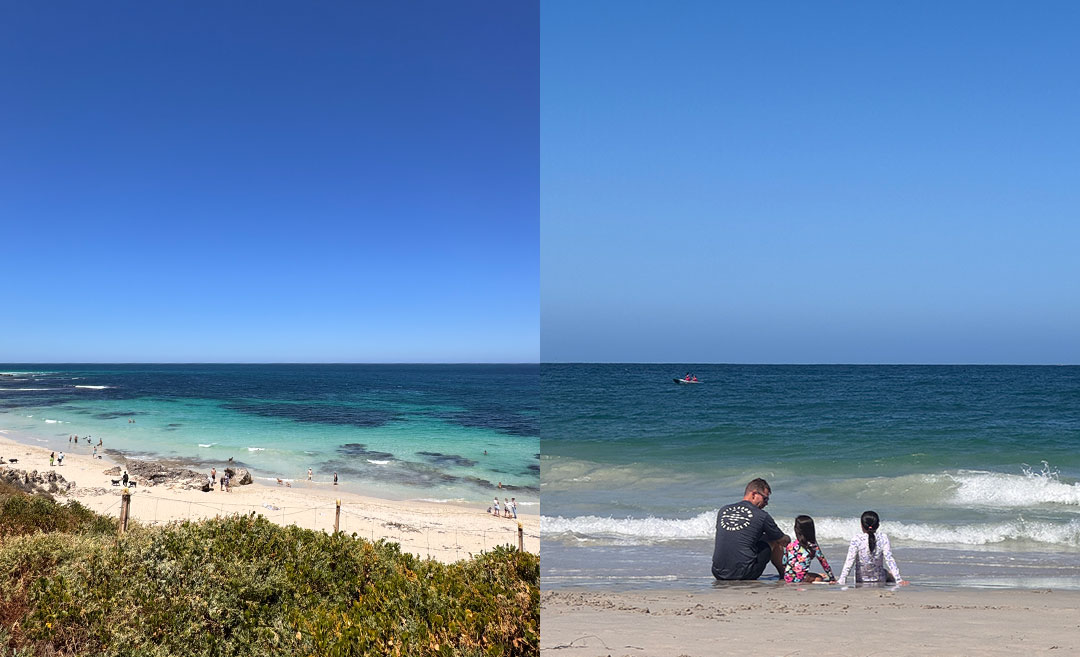 A Western Australia beach near the writer's home, showing a wide scenic view (left) and her family sitting on the sand looking out at the water (right).