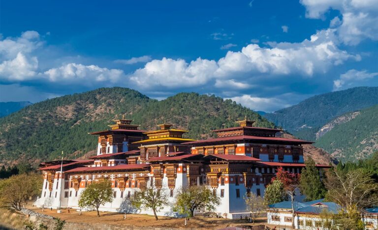 The majestic Punakha Dzong Monastery situated at the meeting point of two rivers in Punakha, Bhutan.