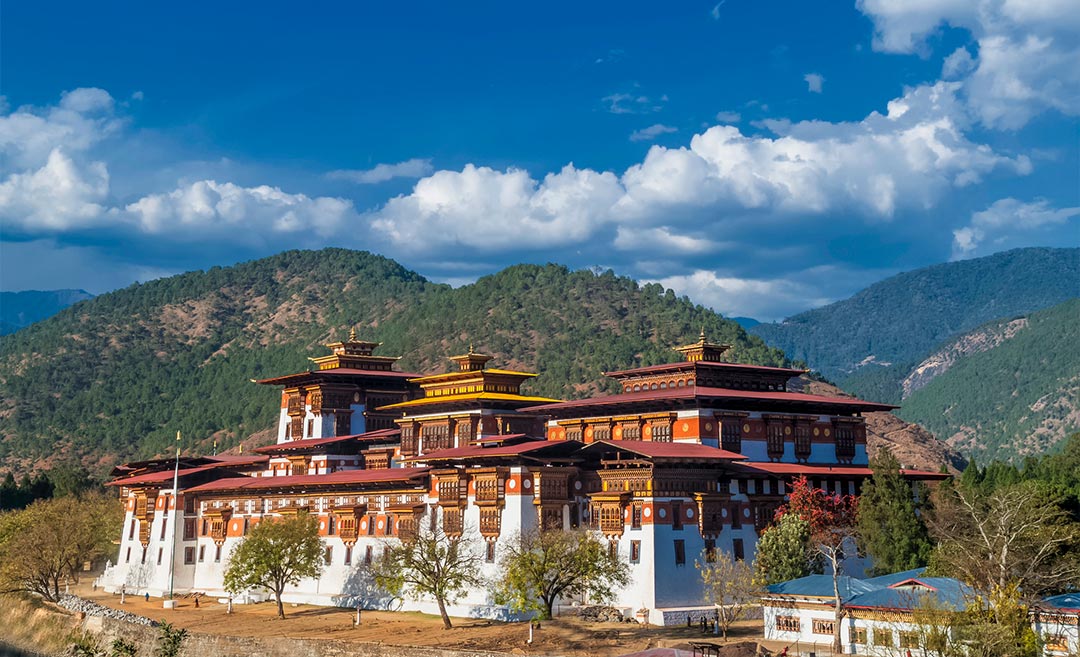 The majestic Punakha Dzong Monastery situated at the meeting point of two rivers in Punakha, Bhutan.