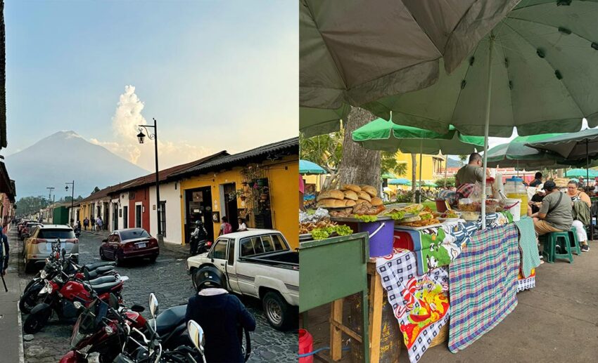 (Left) A cobblestone street in Antigua with parked motorbikes and a volcano in the distance; (Right) A local street food vendor preparing traditional Guatemalan snacks.