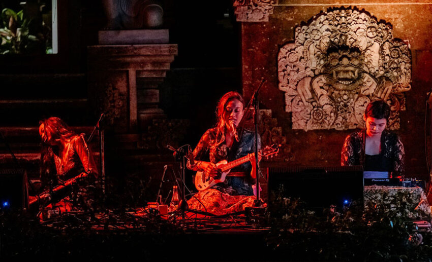 The all-female wayang kulit ensemble, Wayang Women, performing mid-show with traditional puppets and shadows at KL Fest.