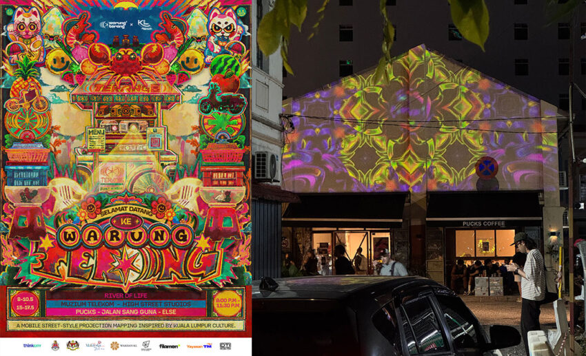 A two-image collage: (Left) The poster for the "Warung Terang" project; (Right) A live light show and projection mapping against a historic building in Downtown Kuala Lumpur.