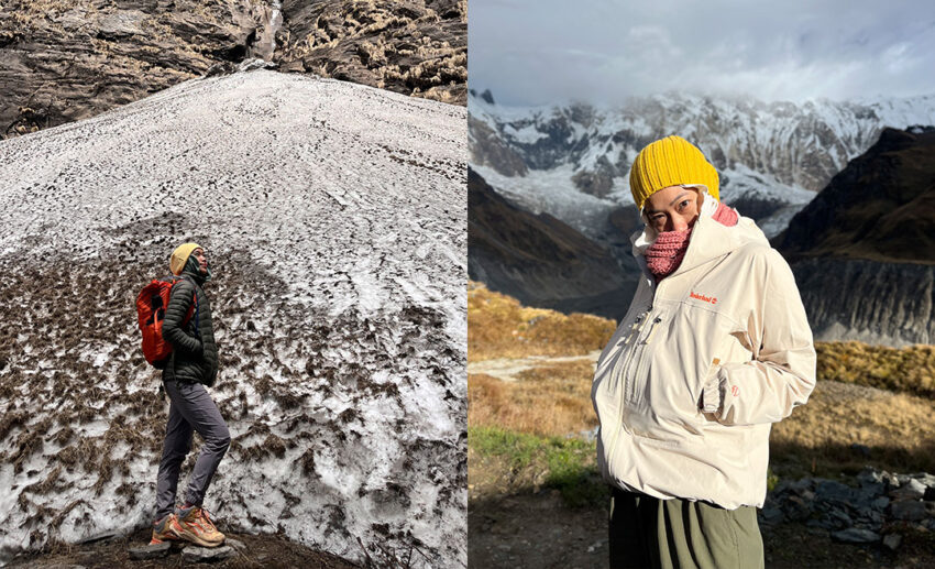 A two-image collage of adventurer Aida Ihsani in professional hiking gear during high-altitude mountain expeditions.