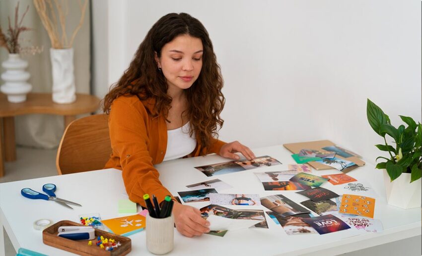 A woman creating an inspiring vision board with travel photos and motivational notes.