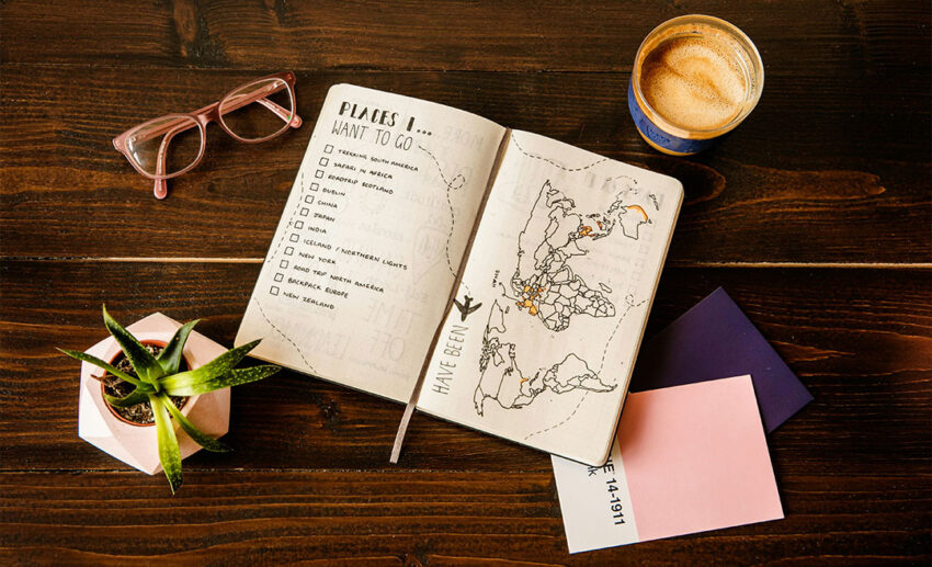 An open notebook showing a hand-drawn travel planning map and a list of countries and cities on the other page, titled "Places I want to go."