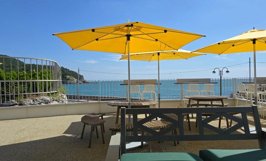The outdoor patio of Ordinary Recipe Cafe in Busan, featuring yellow table umbrellas and a sunlit seating area.