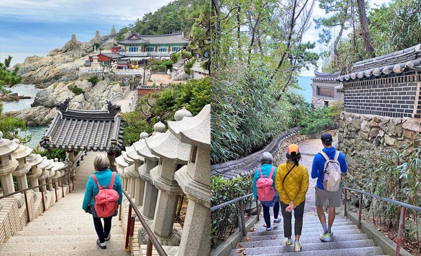 A collage showing people walking down stone steps toward the seaside Haedong Yonggungsa Temple in Busan.