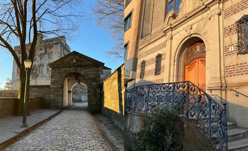 (Left) The historic stone walls of Bergenhus Fortress; (Right) A detailed view of traditional Norwegian architecture featuring a unique wooden door on a Bergen street.
