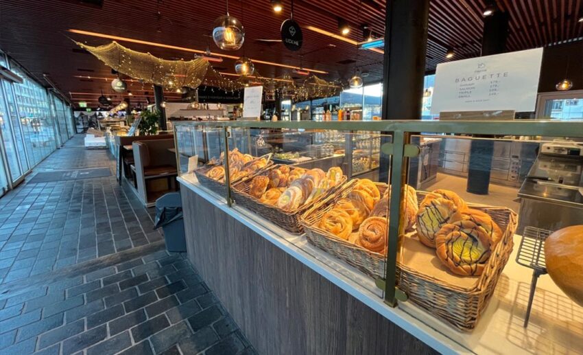 A display of traditional Norwegian baked goods, including cinnamon buns, at the Fisketorget (Fish Market) in Bergen.