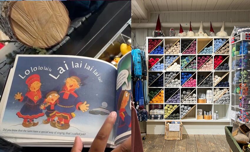 (Left) An open page of a colourful Norwegian children's book depicting local culture; (Right) Tightly packed shelves of vibrant, multicoloured yarn in a traditional Norwegian handknit wool shop.