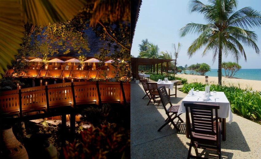 A two-image collage of Tanjong Jara Resort: (Left) The traditional wooden rooms beautifully illuminated by warm lights at night; (Right) A beachview dining area with tables overlooking the turquoise South China Sea under a clear sky.