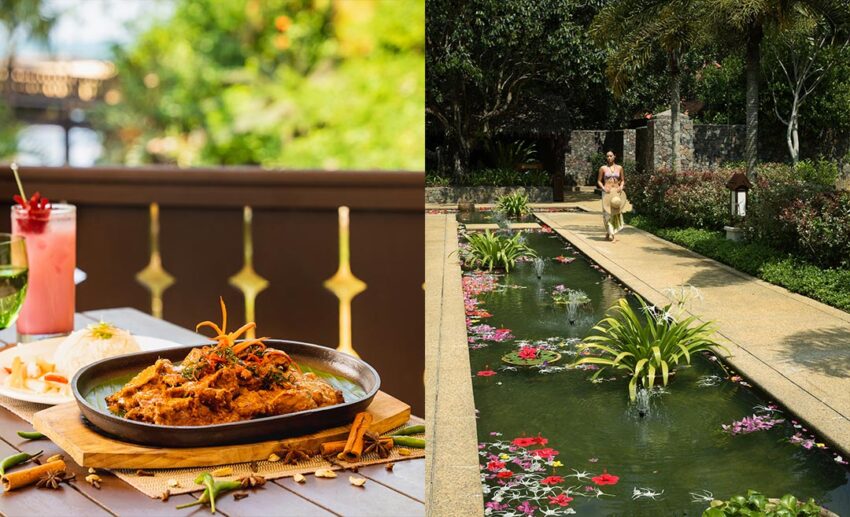 A two-image collage of (Left) a traditional beef rendang dish; (Right) a woman walking past a serene pond and water feature at the entrance of Spa Village Tanjong Jara.