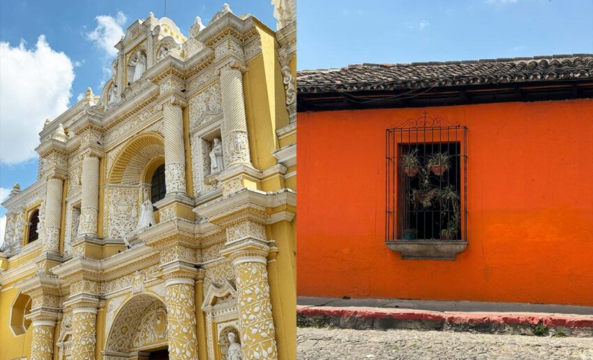 (Left) The ornate white and yellow exterior of Iglesia de La Merced; (Right) A charming window with hanging plants on a vibrant red-walled colonial house.