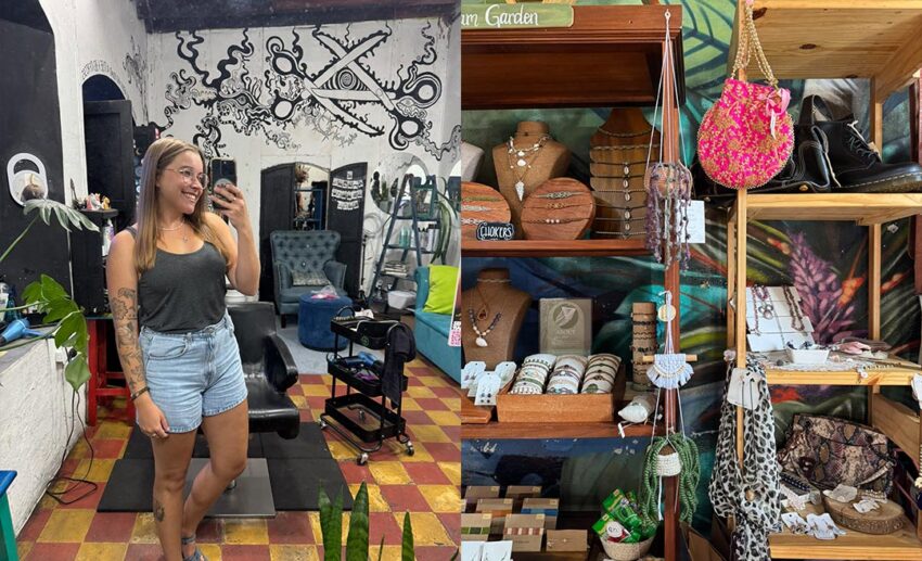 (Left) A smiling woman showing off a new haircut; (Right) A vibrant display of handmade Guatemalan handbags, bracelets, and necklaces in a local shop.