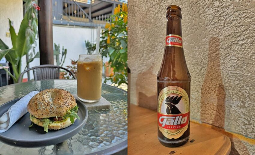 (Left) A delicious breakfast bagel and coffee at Elemental Coffee Shop; (Right) A cold bottle of Gallo, the national beer of Guatemala.