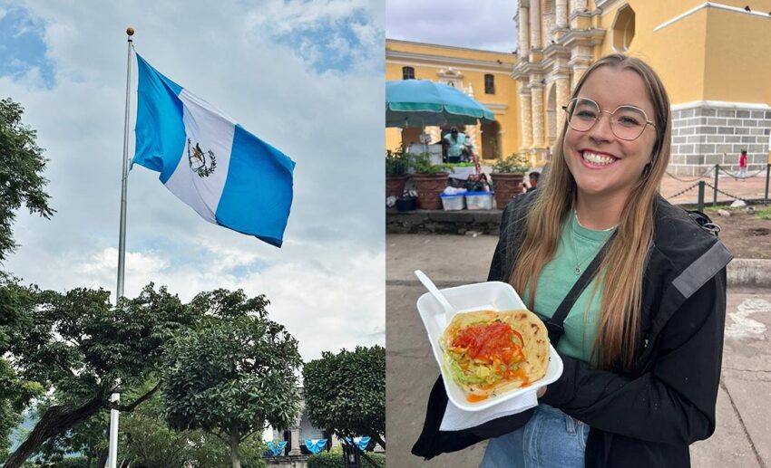 (Left) The blue and white Guatemalan flag flying against a clear sky; (Right) A woman holding a takeaway box of warm, fresh pupusas in Antigua.